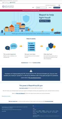 Снимак екрана reportfraud.ftc.gov