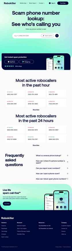 Snímek obrazovky lookup.robokiller.com